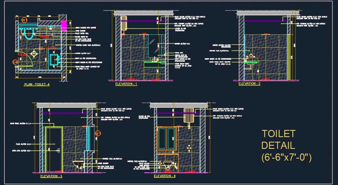 AutoCAD Toilet Layout (6'-6x7') with Complete Details